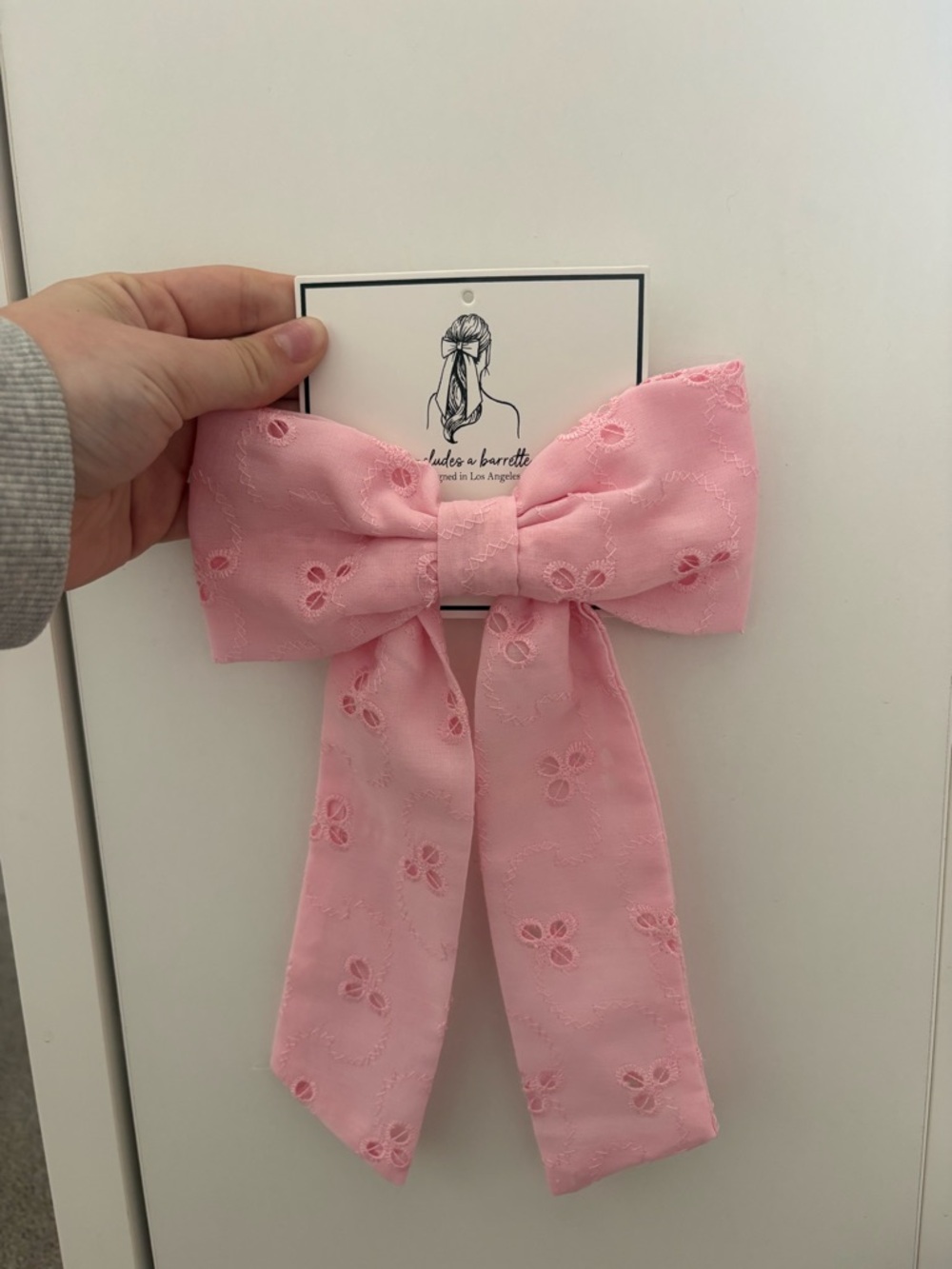 Pink Embroidered Bow Hair Clip